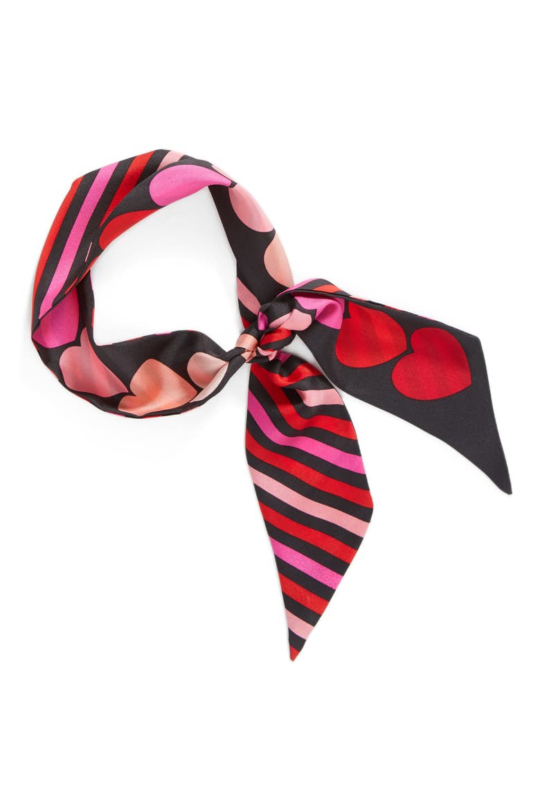 heart stripe silk skinny scarf, Alternate, color, BLACK