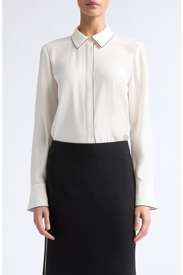 Scottie Contrast Piping Silk Button-Up Shirt, Main, color, CLOUD