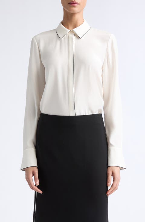 Scottie Contrast Piping Silk Button-Up Shirt