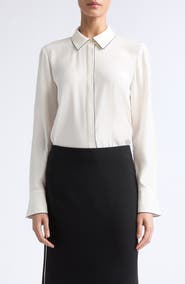 Lafayette 148 New York Scottie Contrast Piping Silk Button-Up Shirt