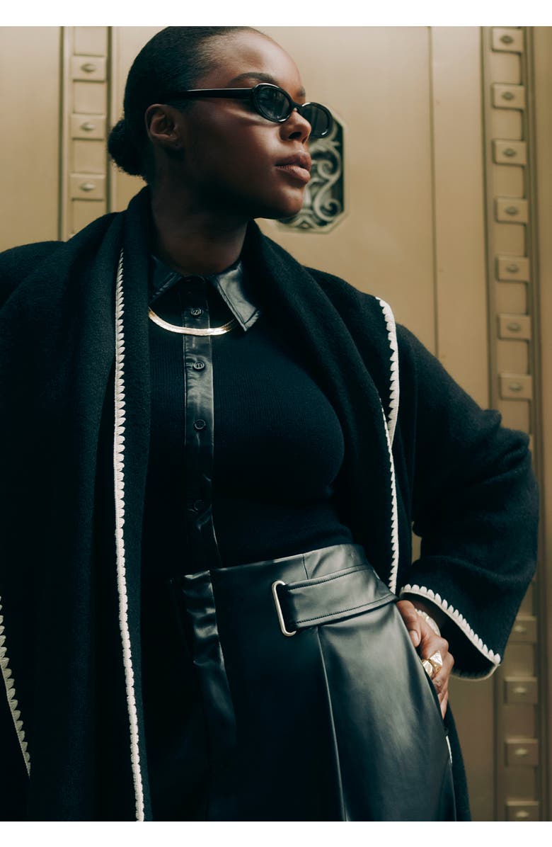 ELOQUII Faux Leather Detail Sweater, Alternate, color, Black Onyx