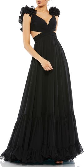 Mac Duggal Sleeveless Ruffle Tiered Cut-Out Chiffon Gown