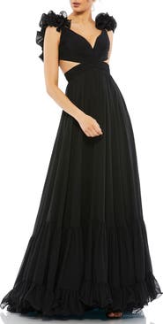 Mac Duggal Sleeveless Ruffle Tiered Cut-Out Chiffon Gown