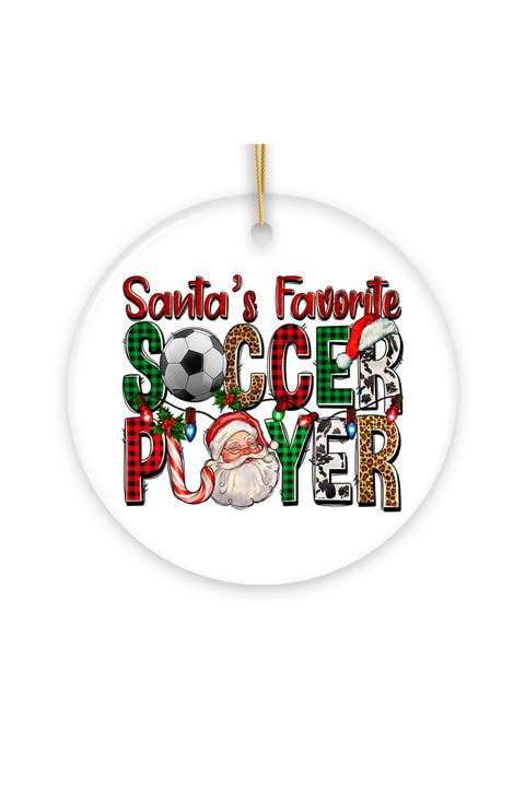 Santas Favorite Soccer Player Plaid Ceramic Ornament