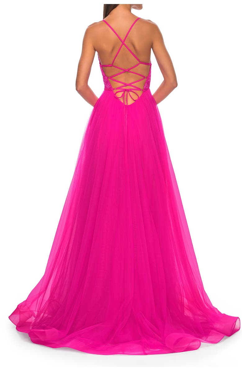 La Femme Illusion Lace Bodice A-Line Tulle Prom Dress with Slit, Alternate, color, Hot Fuchsia
