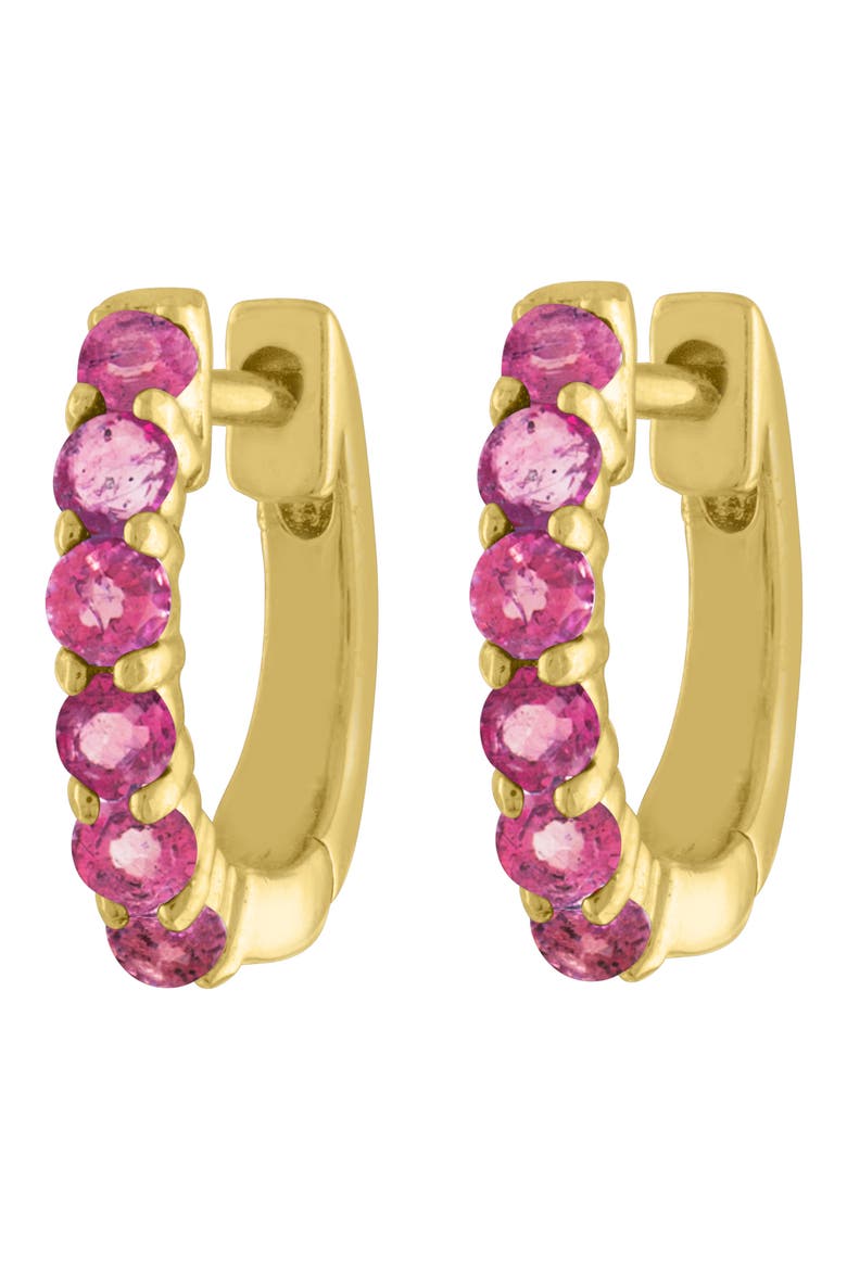 Semiprecious Stone Huggie Hoop Earrings, Main, color, PINK/ YELLOW GOLD