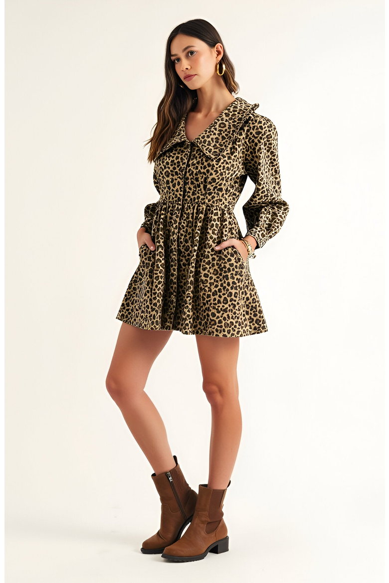 Leopard Print Long Sleeve Mini Dress with Oversized Collar, Alternate, color, Leopard Print