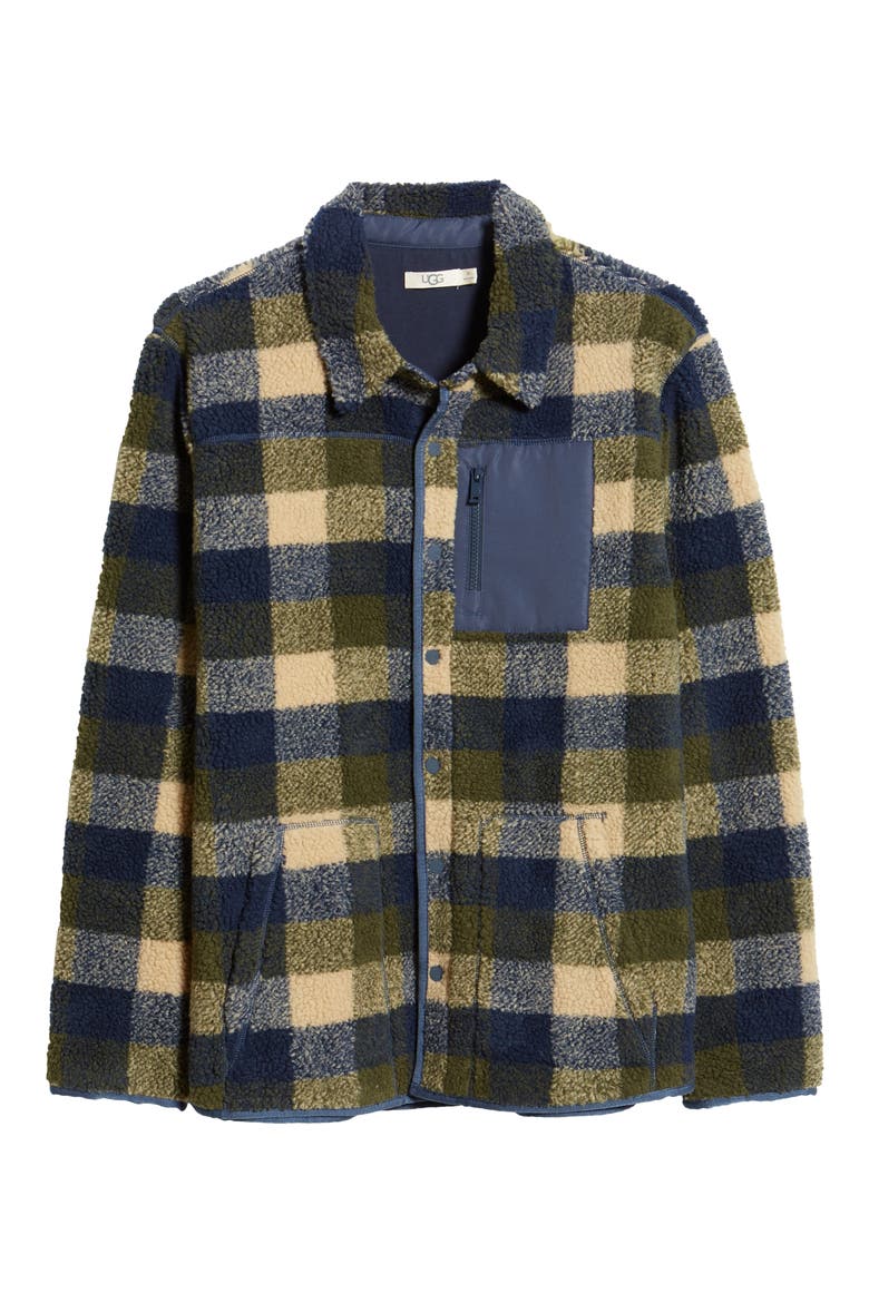 UGG Keefe High Pile Fleece Jacket, Alternate, color, OLIVE BUFFALO PLAID