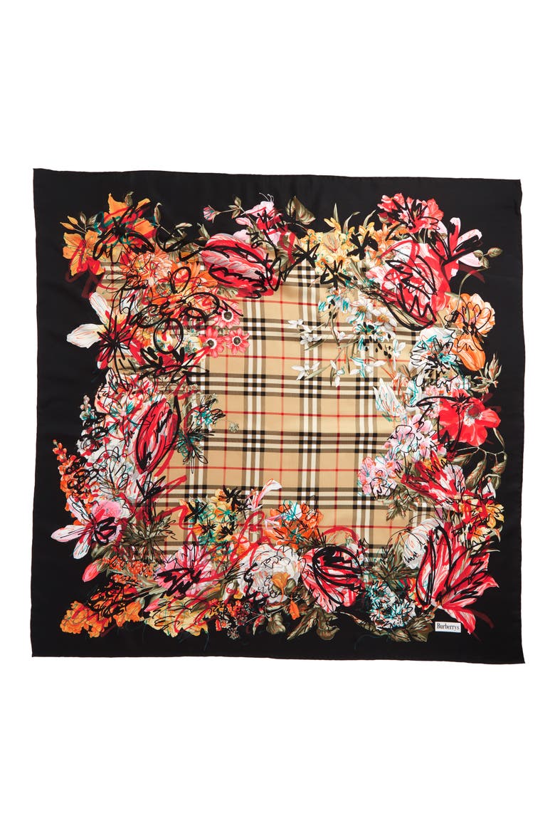 Floral Scribble Square Silk Scarf, Main, color, BLACK