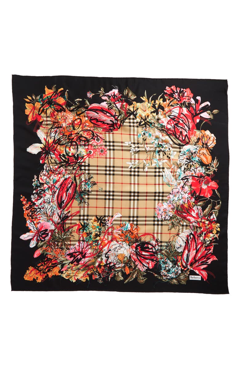 Burberry Floral Scribble Square Silk Scarf, Main, color, 