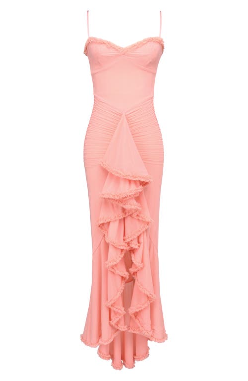 HOUSE OF CB HOUSE OF CB GABBI RUFFLE MESH HIGH-LOW COCKTAIL DRESS 