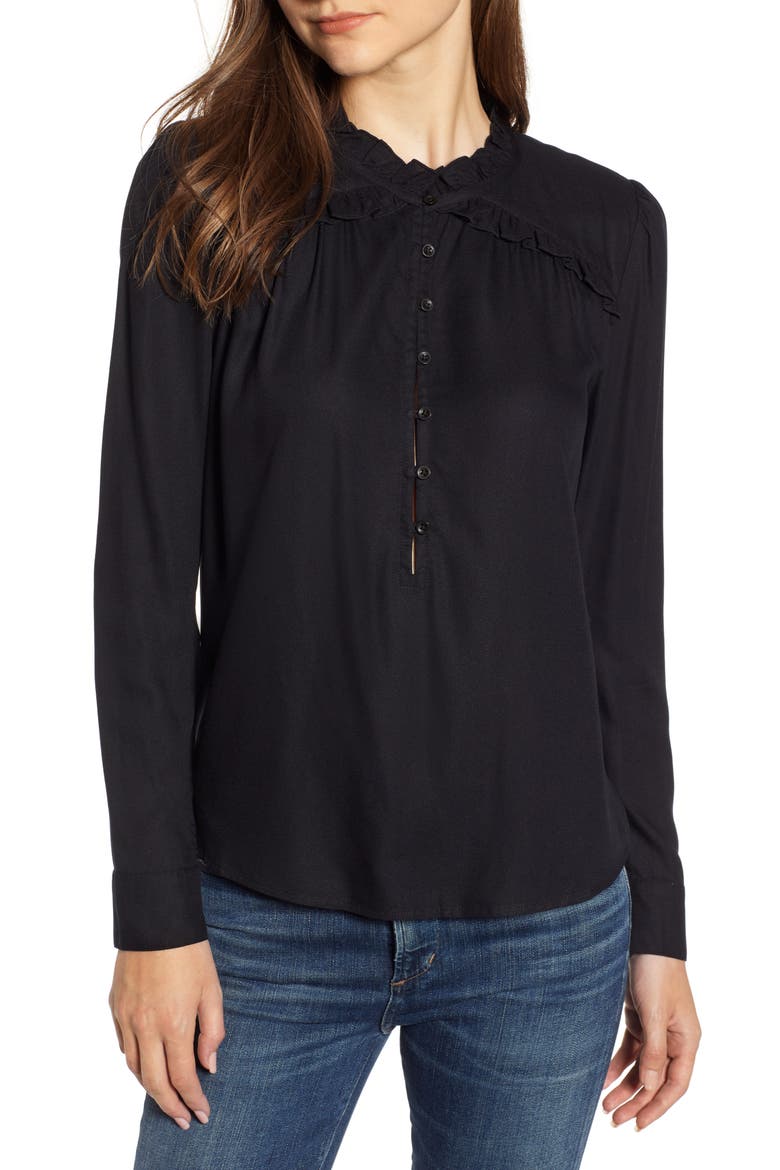 Ruffle Detail Popover Blouse, Main, color, BLACK