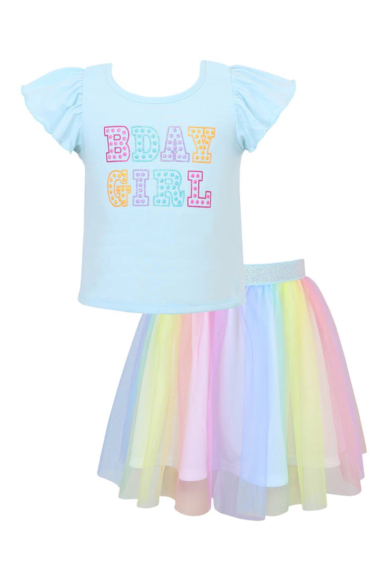 Kids' B-Day Graphic T-Shirt & Tutu Skirt Set, Main, color, AQUA MULTI