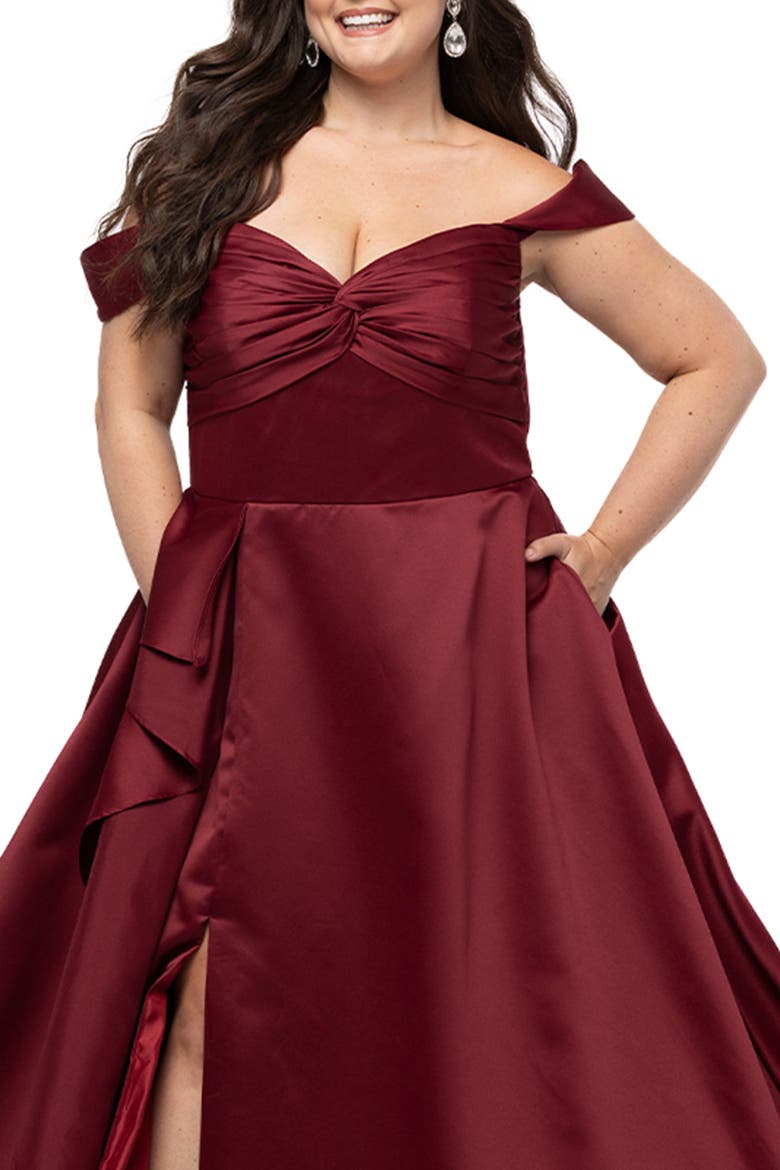 Simple Satin Plus Size A-line Dress with Slit, Alternate, color, Burgundy
