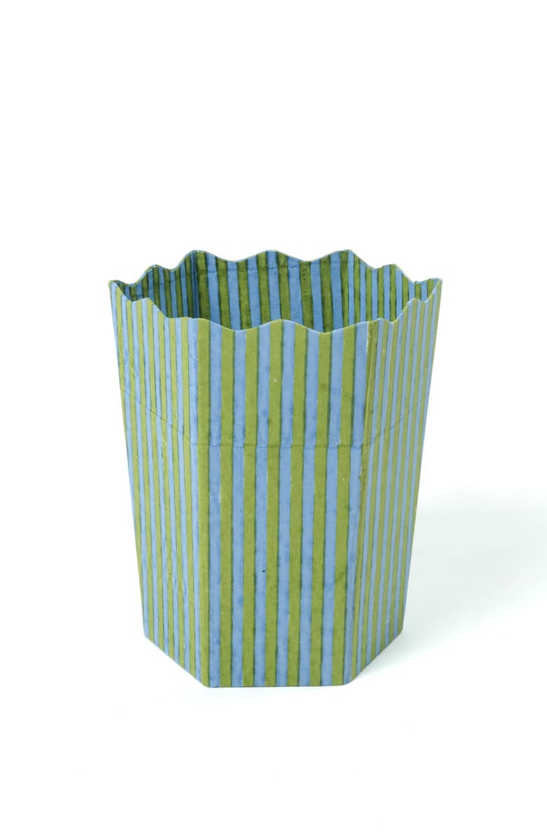 Inner Child Blockprint Scallop Waste Bin / Storage Bin, Main, color, Green And Blue Stripes
