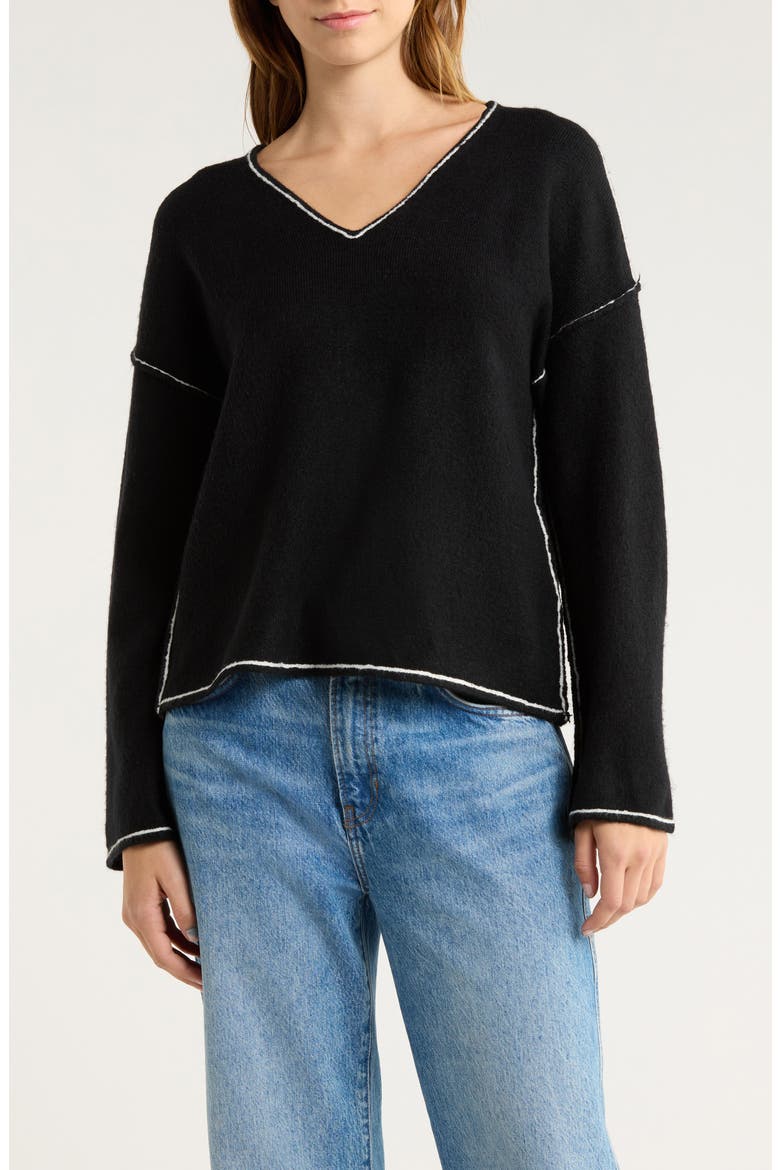 Contrast Detail V-Neck Sweater, Main, color, RICH BLACK