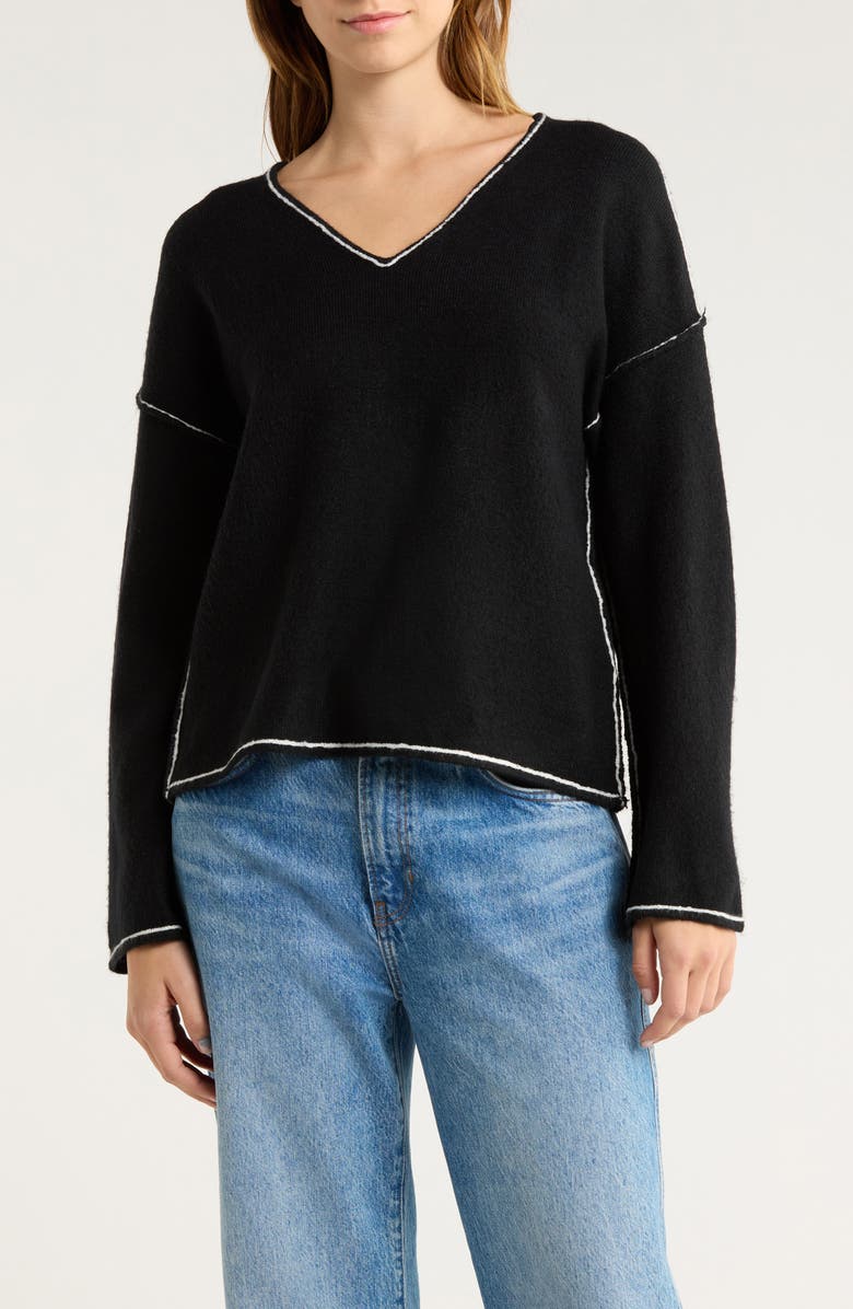 Vince Camuto Contrast Detail V-Neck Sweater, Main, color, Rich Black