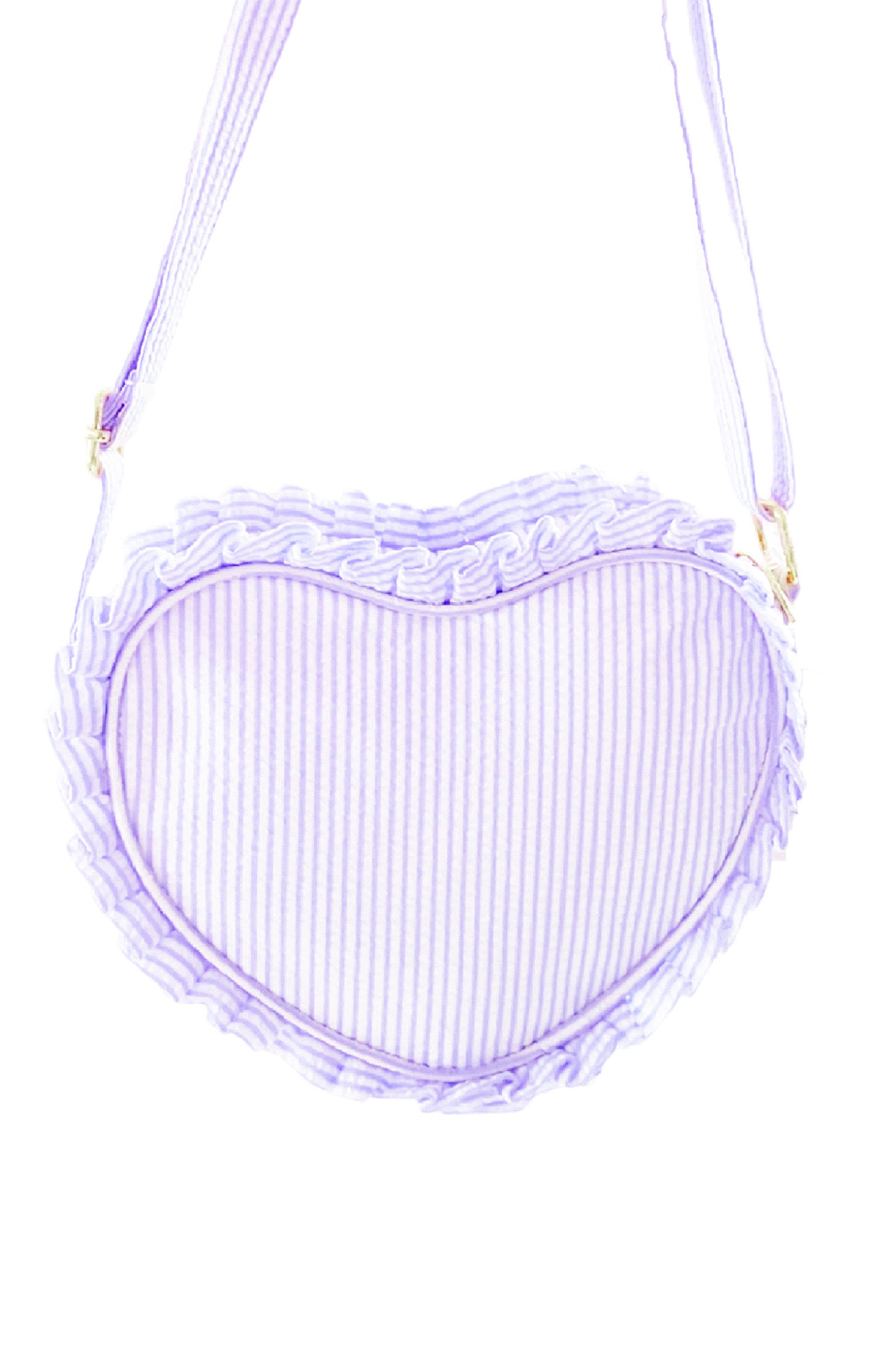 Bits & Bows Seersucker Ruffle Girls' Heart Purse, Main, color, Lavender/White