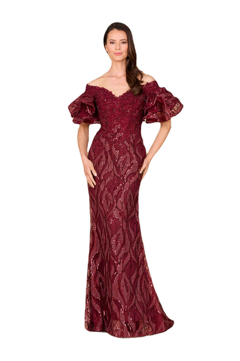 Off Shoulder Mermaid Beaded Gown with Tiered Sleeves, Main, color, Wine