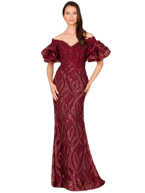 Off Shoulder Mermaid Beaded Gown with Tiered Sleeves