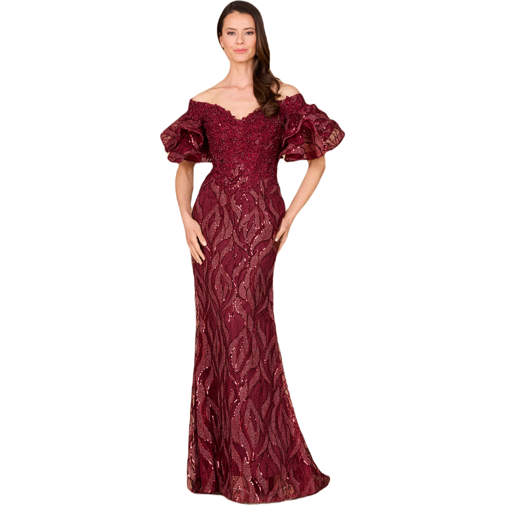 Lara New York Off Shoulder Mermaid Beaded Gown With Tiered Sleeves In Burgundy
