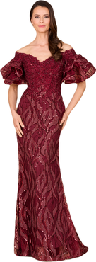 LARA New York Off Shoulder Mermaid Beaded Gown with Tiered Sleeves