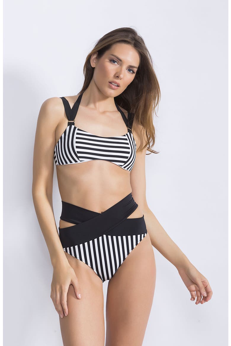 Stripe High-Waist with Criss-Cross Wrap Detail Bikini Set, Alternate, color, Black-White