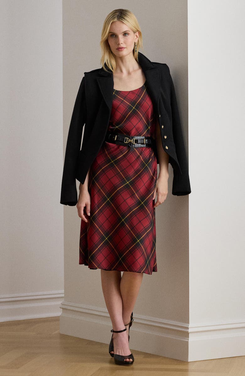 Lauren Ralph Lauren Plaid Satin Sleeveless Cocktail Dress, Alternate, color, Black/ Red