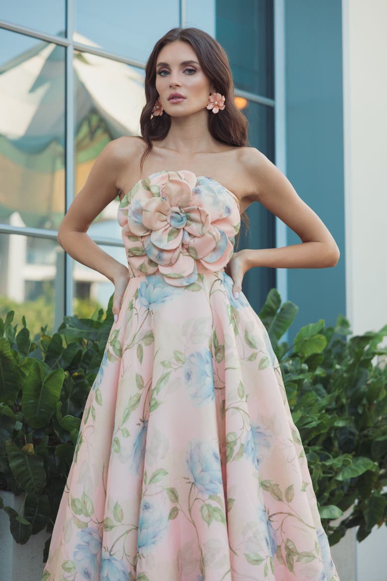 Strapless Floral Organza Midi Dress With Flower, Alternate, color, Powder Blue Multi