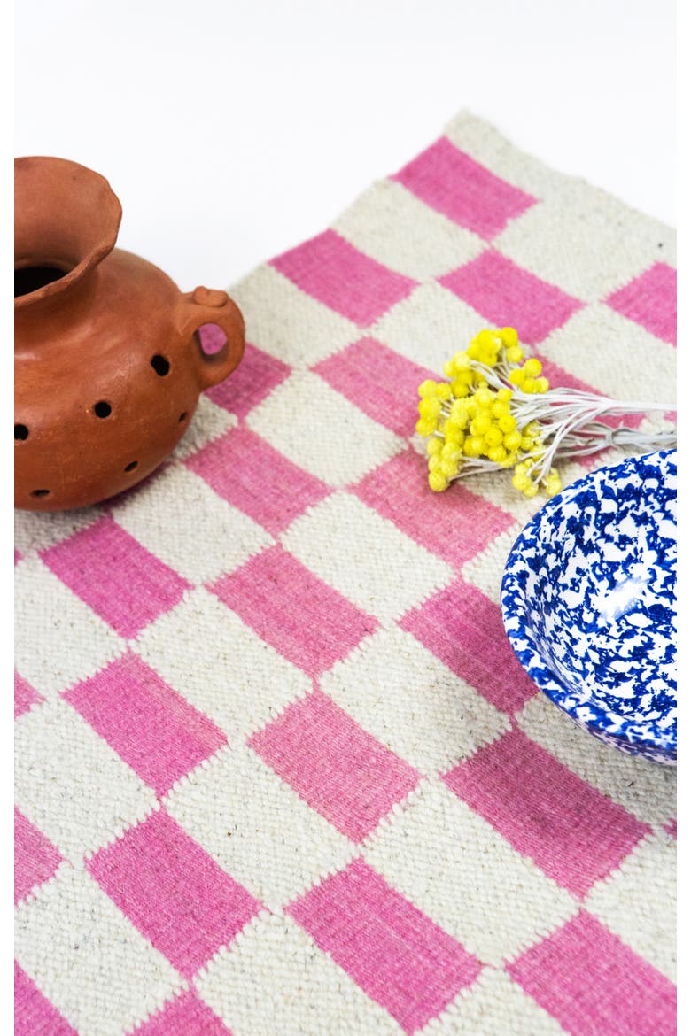 Zapotec Checkered Pink Handwoven Flatweave Wool Rug, Alternate, color, Pink