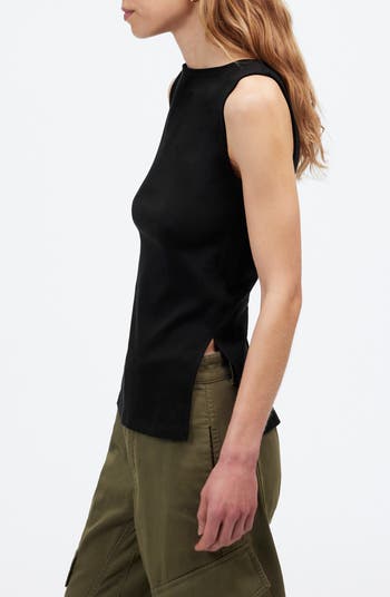 Sleeveless Boat Neck Side Slit T-Shirt