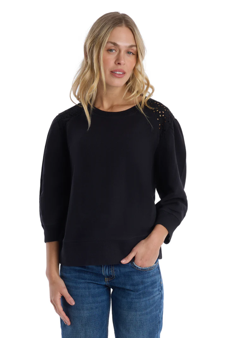 3/4 Sleeve with Eyelet Mix Top, Alternate, color, Black