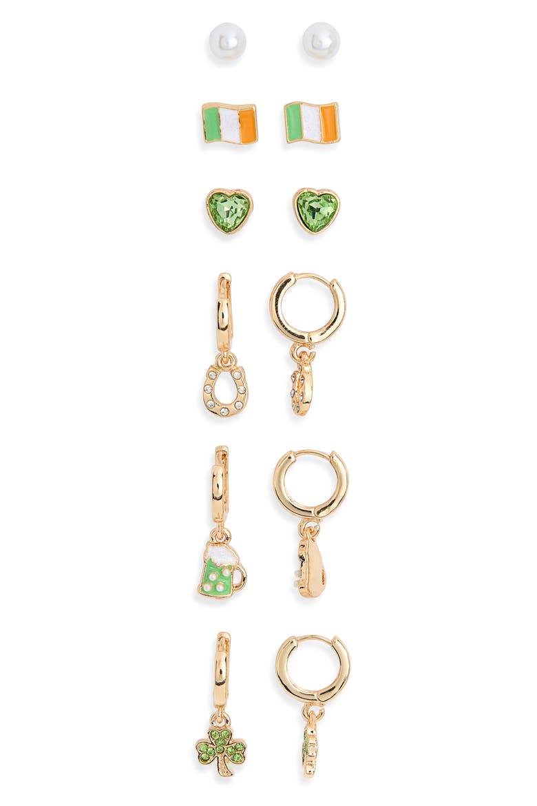 Irish 6-Pack Assorted Huggie Earrings, Main, color, GREEN MULTI- GOLD