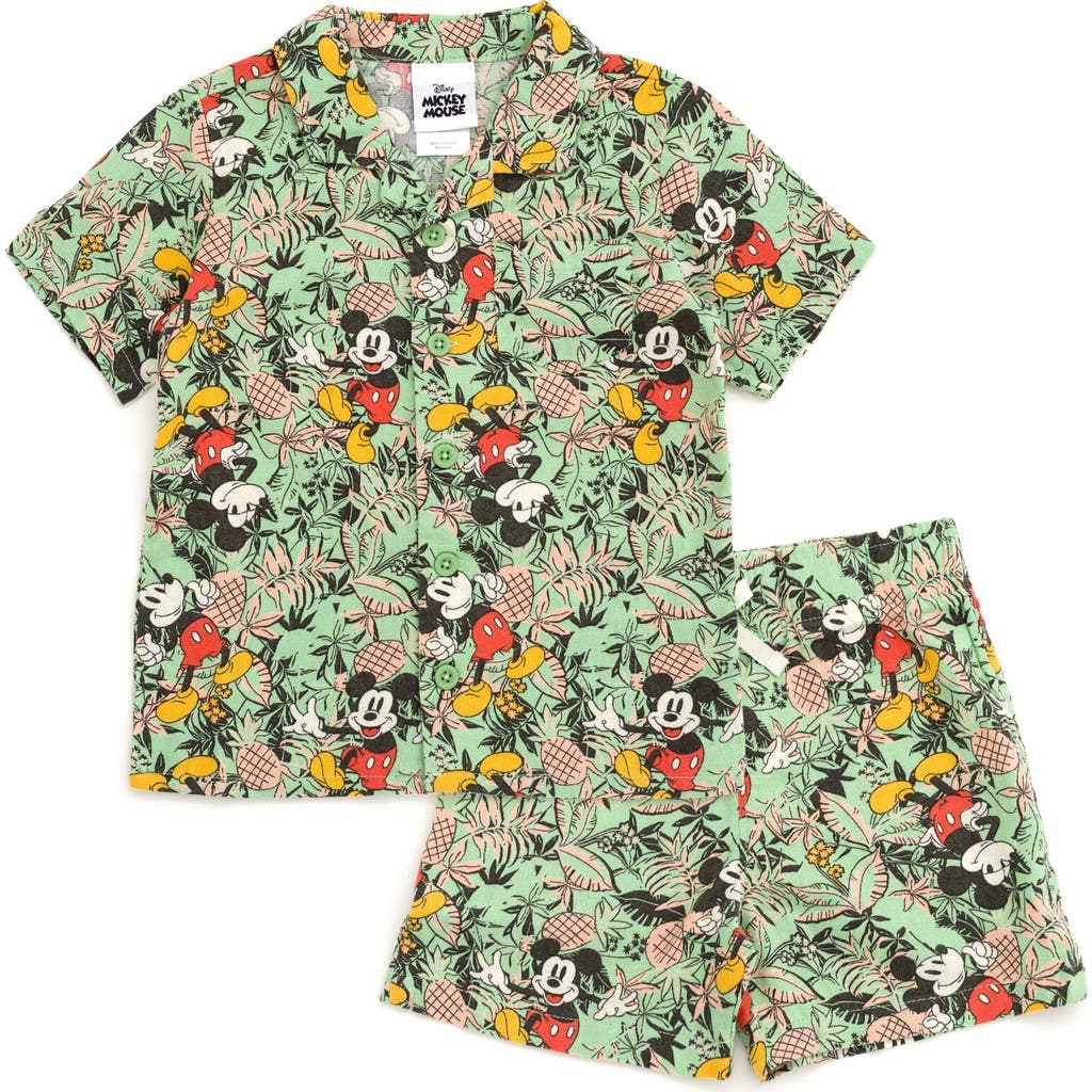 Disney Mickey Mouse Button-down T-shirt & Shorts Set In Green