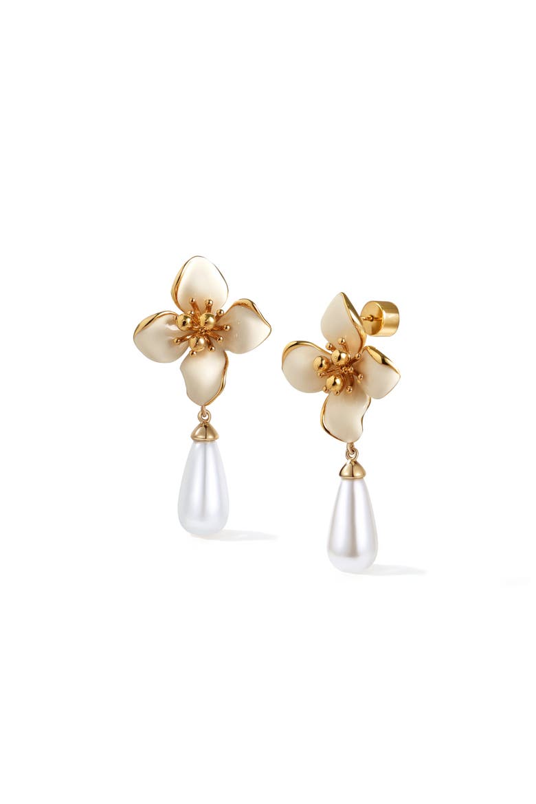 Iris Blossom Pearl Earrings, Main, color, White & Gold