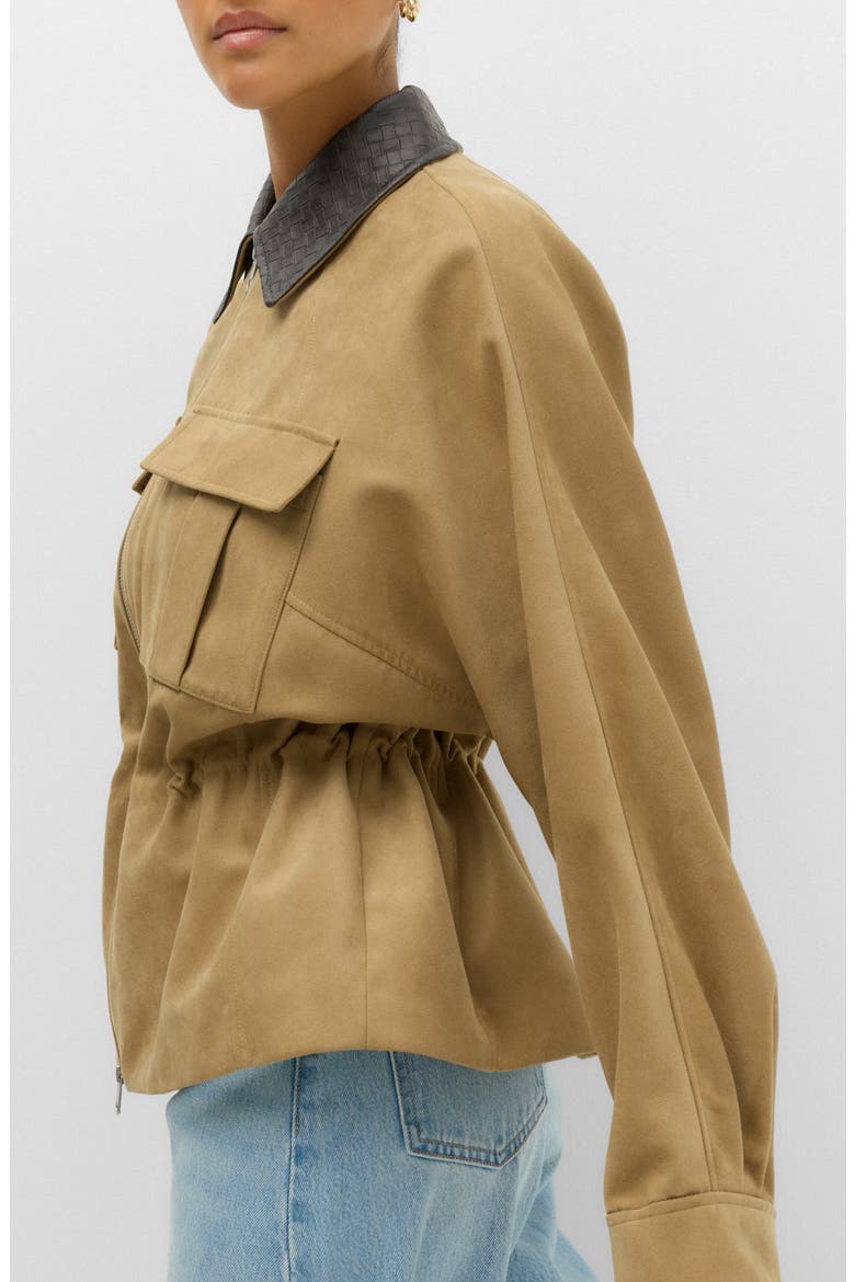 Faux Suede Peplum Jacket with Faux Leather Collar, Alternate, color, BROWN