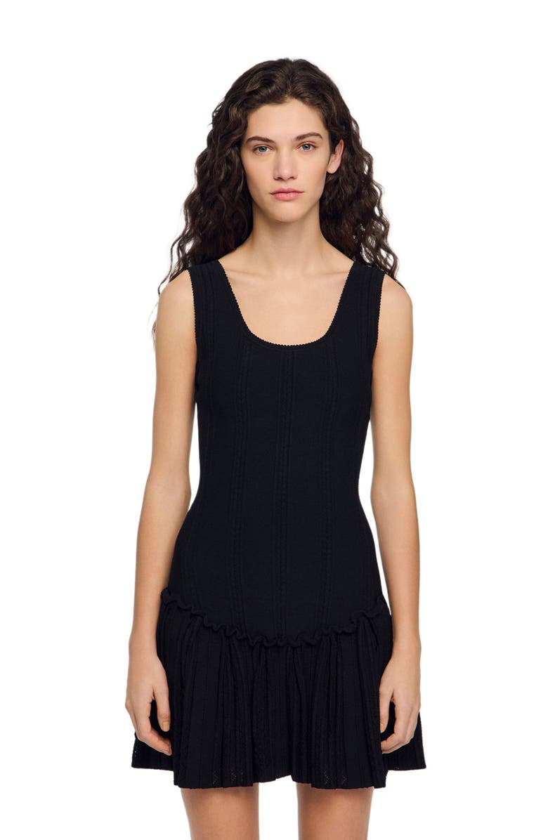 SANDRO Short knit dress with ruffle, Alternate, color, Black