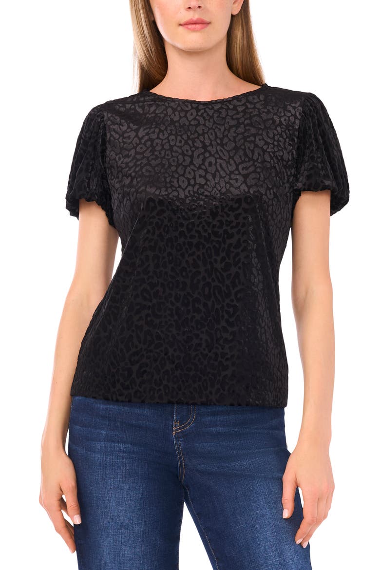 Bubble Sleeve Leopard Velvet Top, Main, color, RICH BLACK