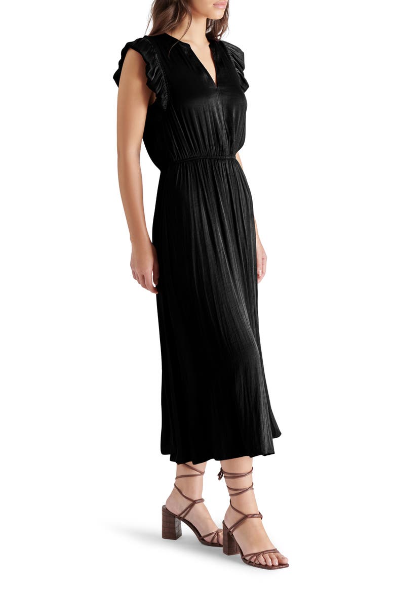 Allegra Ruffle Sleeve Satin Midi Dress, Alternate, color, BLACK