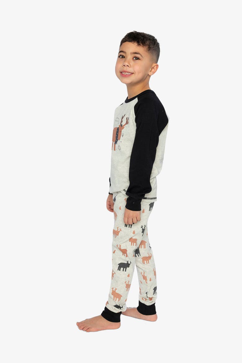 Elk Organic Cotton Top Pants Two Piece Pajama Set, Alternate, color, Beige Print Elk