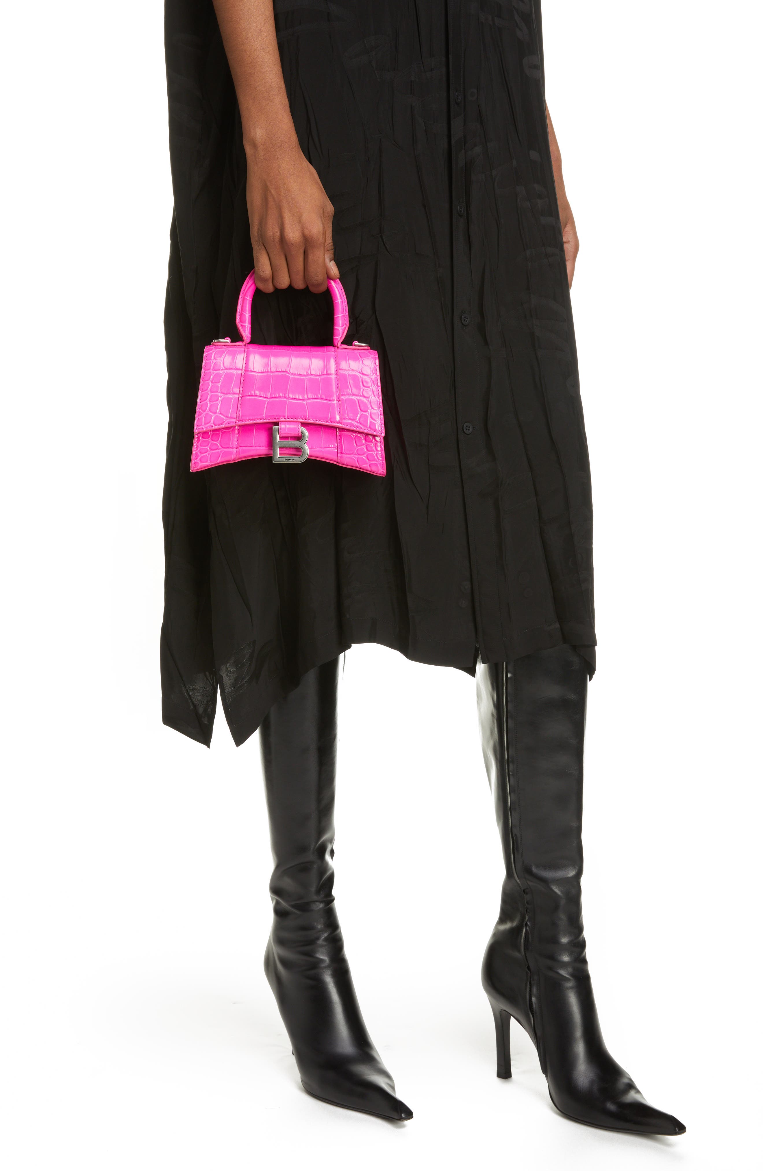Extra Small Hourglass Croc Embossed Leather Top Handle Bag, Alternate, color, LIPSTICK PINK