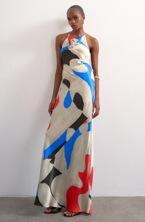Cowl Halter Neck Open Back Maxi Dress