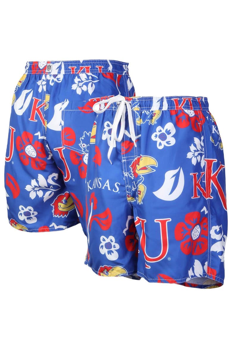 Men's Wes & Willy Royal Kansas Jayhawks Floral Volley Logo Swim Trunks, Main, color, Royal