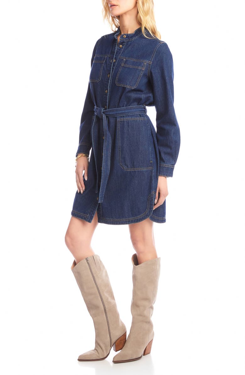 Karen Kane Belted Long Sleeve Denim Shirtdress, Alternate, color, Indigo
