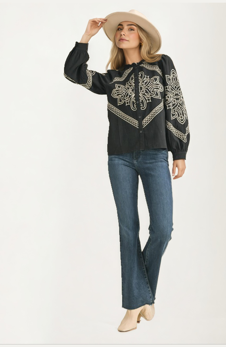 Knit and Lounge Embroidered Western Button-Up Blouse, Alternate, color, Black