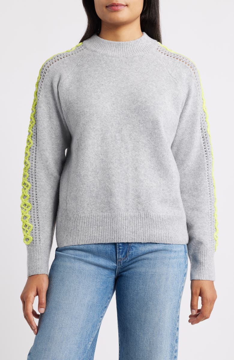 CITY BLUES Embroidered Sleeve Mock Neck Sweater, Main, color, Heather Grey