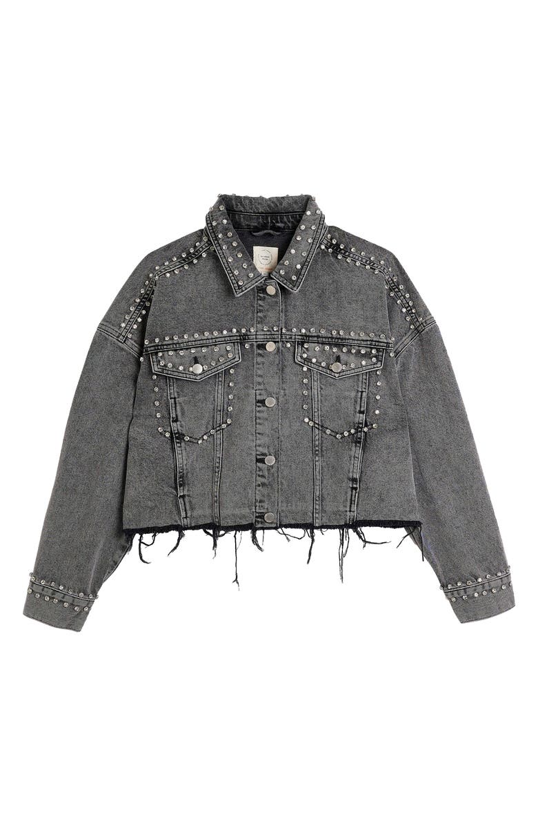 River Island Embellished Crop Raw Hem Denim Jacket, Alternate, color,