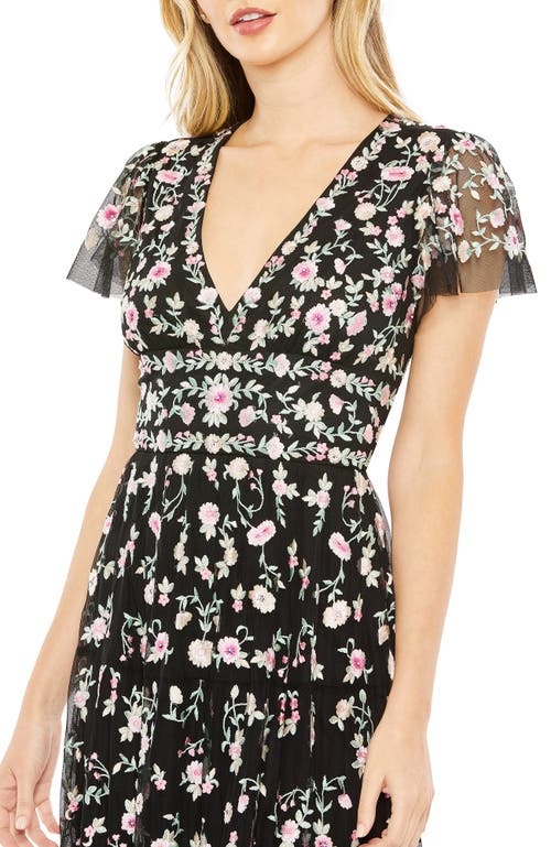 MAC DUGGAL MAC DUGGAL EMBROIDERED V NECK CAP SLEEVE MIDI DRESS 