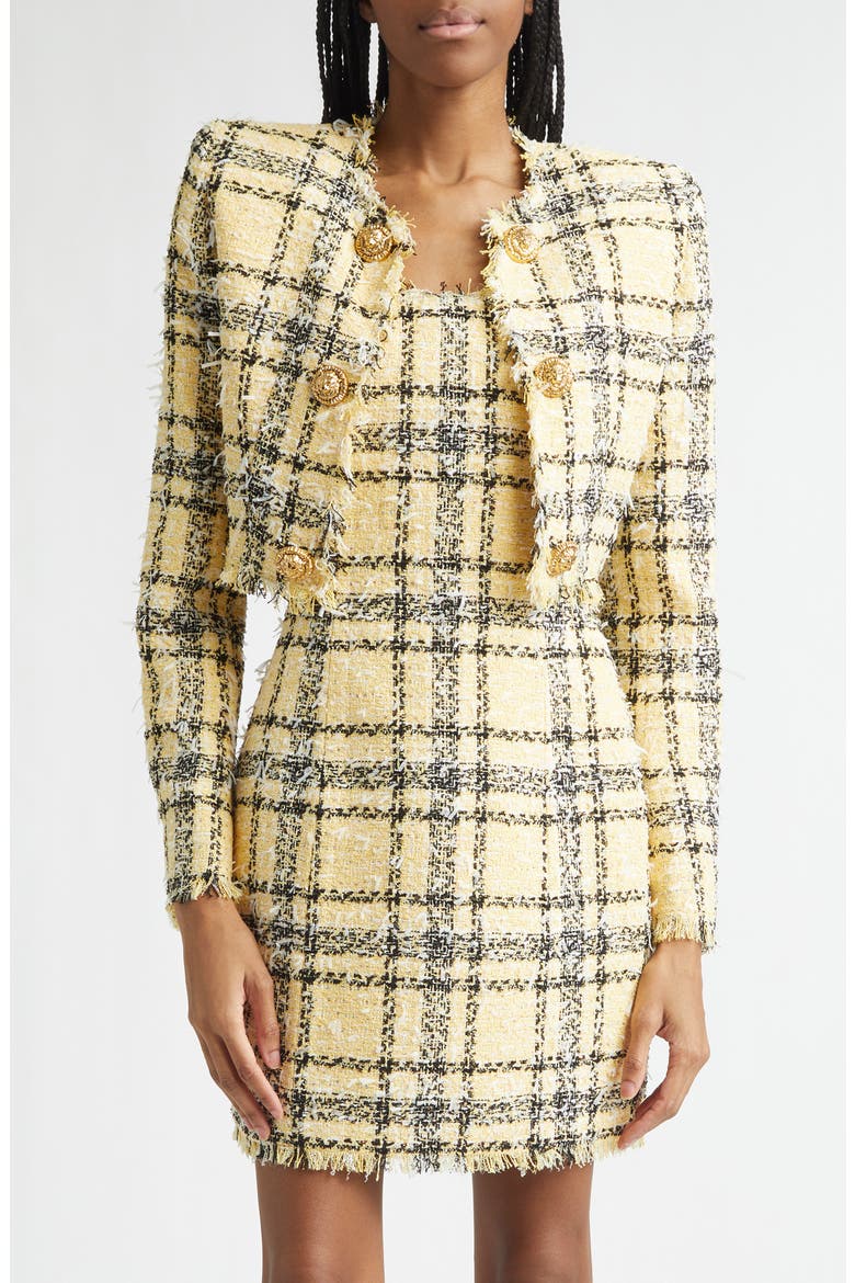 Glitter Plaid Tweed Crop Jacket, Main, color, MULTI YELLOW