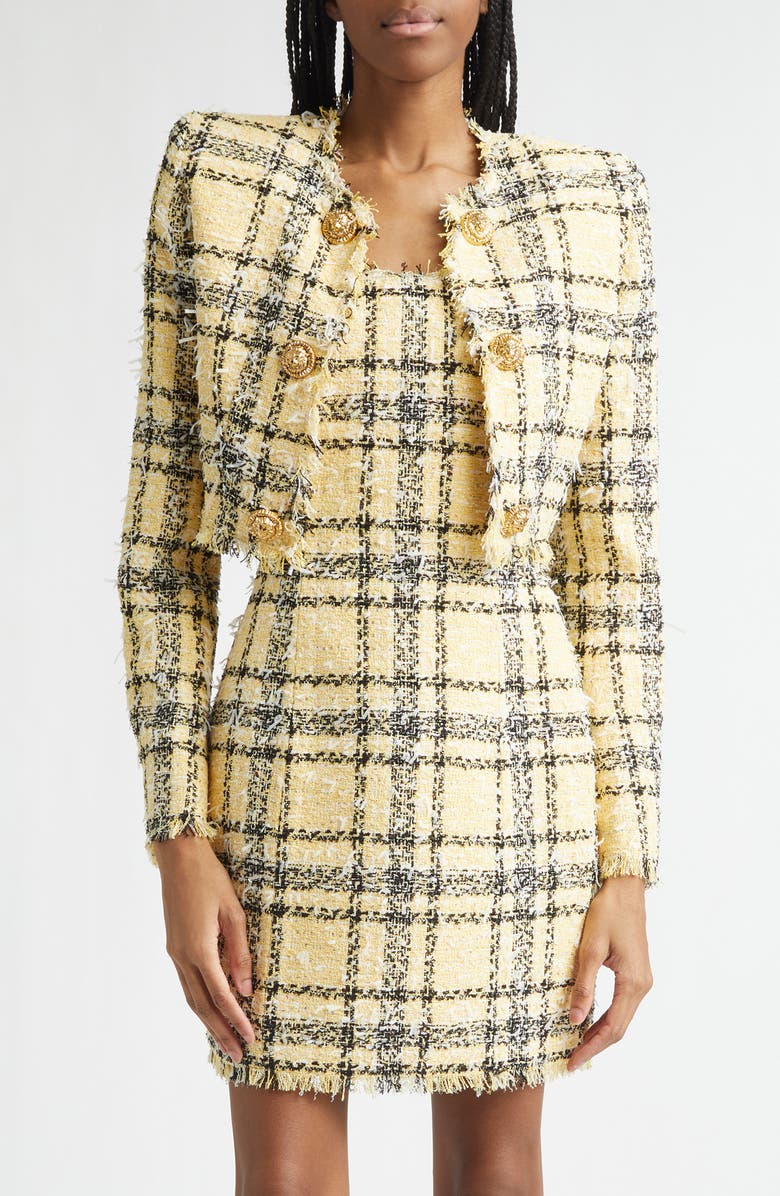 Balmain Glitter Plaid Tweed Crop Jacket, Main, color, Multi Yellow